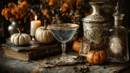 
Vintage Halloween still life with pumpkins, antique glass bottles and candlelight on dark moody background