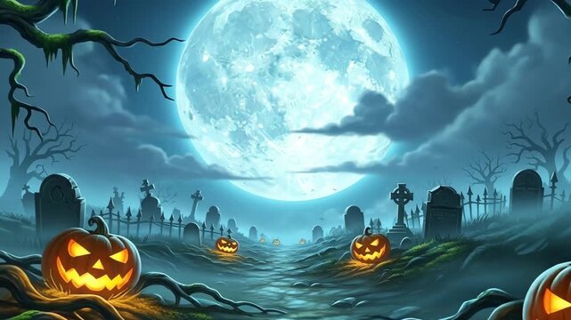 Spooky halloween graveyard scene with jackolanterns under a full moon