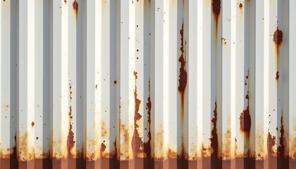 Closeup texture of a weathered corrugated metal surface with prominent rust streaks and vertical lines