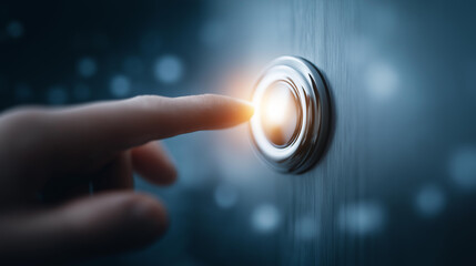 Macro close-up of doorbell button being pressed, polished chrome glowing under daylight, surface reflecting vividly.