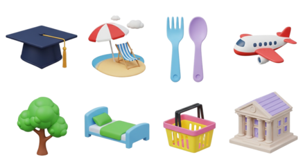 A 3D life journey from graduation to travel dreams financial stability to dining out under the on transparent background