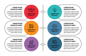 6 steps infographic template with 6 options. Flowchart that can be used for business report, data visualization and presentation. Timeline infographic elements vector illustration.