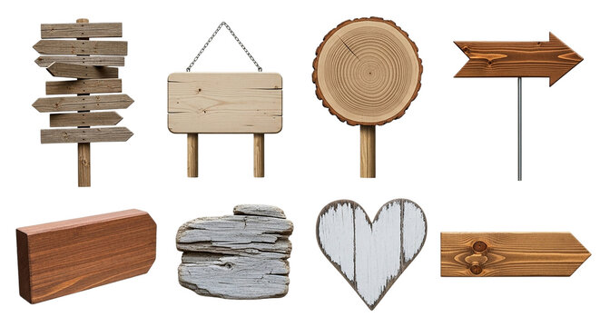 Rustic wooden sign collection with direction arrows hearts and planks showcasing natural charm on transparent background