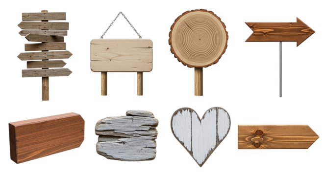 Rustic wooden sign collection with direction arrows hearts and planks showcasing natural charm on transparent background