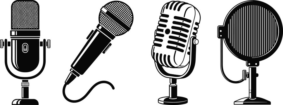 Retro and modern microphone vector set with vintage, studio, podcast, and broadcast designs for music, audio, and recording themes