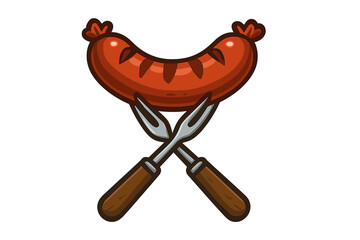 Barbecue logo with grilled sausage on crossed forks. Vector icon for BBQ restaurant or butcher. Cartoon bratwurst illustration for picnic menu or food festival emblem.