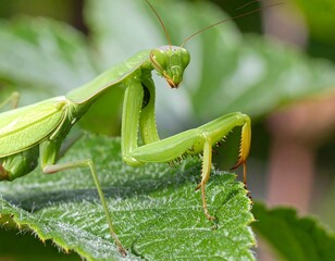 Praying Mantis on Leaf Close-up