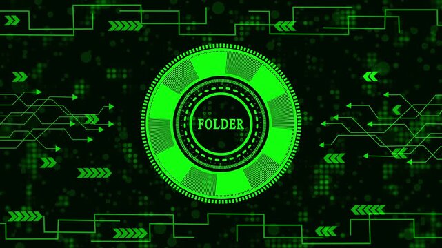 Futuristic folder button animation with green digital circuit board background, ideal for file management, data organization, and Tec themed visuals.