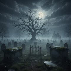 Full Moon over Foggy Graveyard with Bare Tree