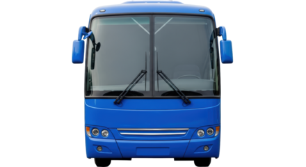 Isolated front view of a bright blue tourist bus with visible windshield wipers, on the road