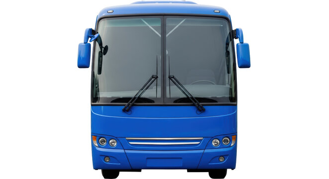 Isolated front view of a bright blue tourist bus with visible windshield wipers, on the road