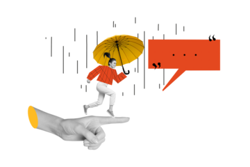 Composite trend artwork image photo collage of huge hand finger point hold young lady umbrella run rain weather autumn season speech cloud