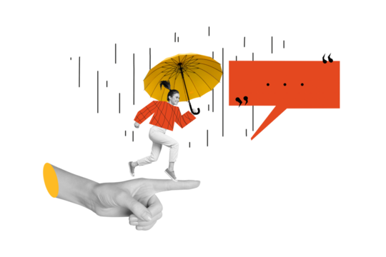 Composite trend artwork image photo collage of huge hand finger point hold young lady umbrella run rain weather autumn season speech cloud