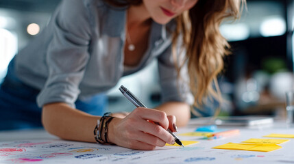Creative professional developing strategy with sticky notes and documents in office