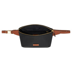 Open black waist bag with brown leather straps isolated on white background © SaifulIslam