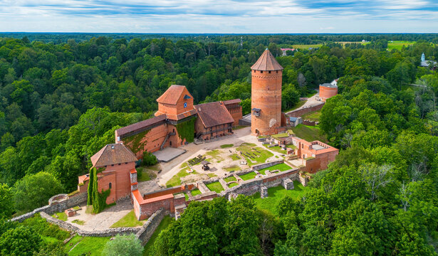 Aerial view of Turaida Castle, a recently reconstructed medieval castle located on a hilltop overlooking the Gauja River in Sigulda, Latvia