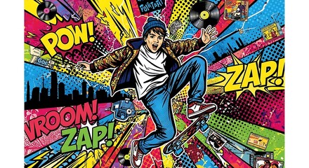 A dynamic illustration of a young skateboarder in mid-air against a vibrant pop art and comic book background.