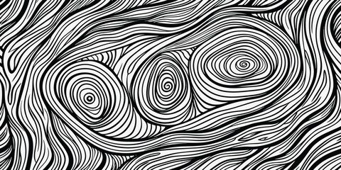 Fototapeta premium Abstract black and white line art featuring three concentric circles intertwined with flowing lines creating a visual texture