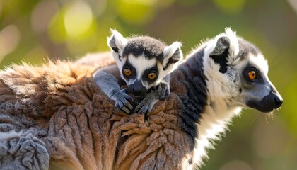 Fototapeta premium Lemur baby clinging to mother's back with a bokeh background in natural light