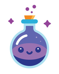 Charming vector illustration of a cute potion bottle filled with glowing magical liquid and whimsical elements