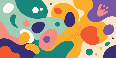 Abstract colorful background with irregular organic shapes and minimalist floral elements creating a modern artistic design perfect for digital and print projects