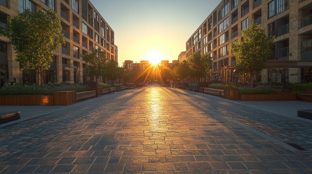 Sunrise urban street, modern buildings