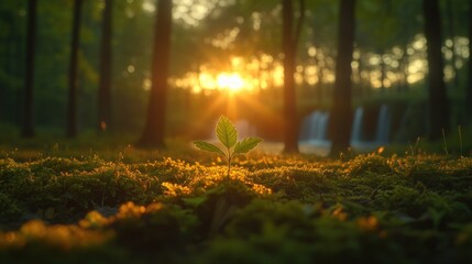 Obraz premium Sunset forest scene, sprout in moss
