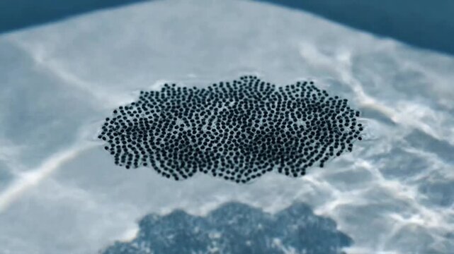 Macro shot of a large cluster of black frog eggs or toad spawn floating on the pristine water surface with soft ripples Natures life cycle in aquatic habitat