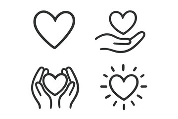 Hand holding heart icon set. Love, care, health, and charity symbol collection. Minimalist line art vector illustration. Donation, support, kindness, and volunteering concept.