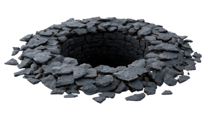 Circular hole surrounded by shattered grey stones