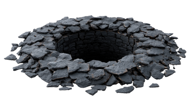 Circular hole surrounded by shattered grey stones