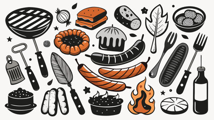 Bbq essentials doodle clipart seamless pattern grill tools sausage bun and condiments featuring hand drawn elements for summer cookout and picnic