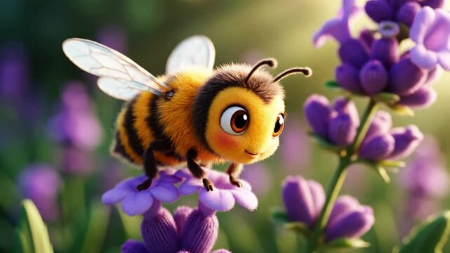 Adorable fluffy cartoon bee with big eyes happily exploring vibrant purple lavender flowers Cute animated bumblebee enjoying a beautiful sunny day in nature