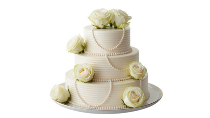Elegant three tier wedding cake decorated with white roses and pearl strands on a plate on transparent background