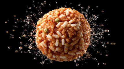 Close up of a rice ball with water droplets surrounding it on a black background studio shot