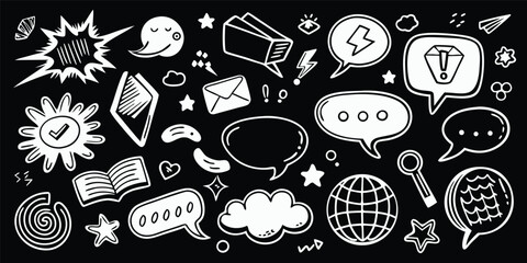 Black and white doodle icons pattern featuring speech bubbles stars and various graphic elements including globe cloud and email for creative designs