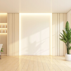 Minimalist empty area with display shelf and white wall, indoor plant and wooden floor. 3d rendering