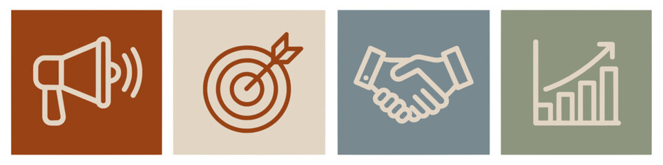 Strategic business elements visualized marketing communication, goal achievement, partnership, and financial growth icons