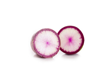 Watermelon Radish Slices with Purple Heart Pattern on White Background