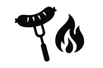 Barbecue grill icon with sausage on a fork and fire flame. Simple flat vector silhouette symbol for grilling, cookout, picnic, or camping. Grilled bratwurst or hot dog concept.