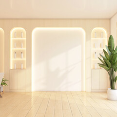 Minimalist empty area with display shelf and white wall, indoor plant and wooden floor. 3d rendering