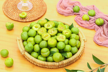 Fresh Sichuan Green Plums in Wicker Basket - Healthy Organic Stone Fruit with Pitted Samples