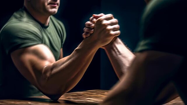Two strong men arm wrestling intensely on a wooden table, showcasing strength and competition in a sport event footage.
