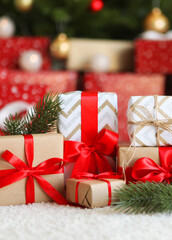 Set of beautifully wrapped gift boxes and Christmas decor .. Vertical photo format