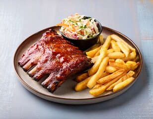 bbq pork ribs with french fries and coleslaw on plate n overhead food sho