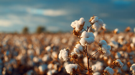 Cotton Field Plants Ready For Harvest Under Clear Blue Sky