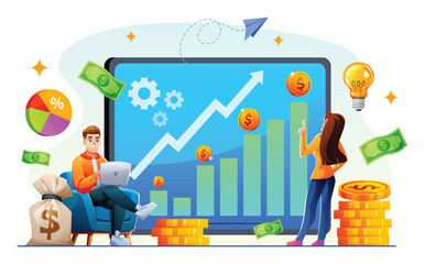 Man and woman analyzing a giant screen showing a rising financial graph, with flying money and a glowing lightbulb. Investment concept design. Vector cartoon illustration
