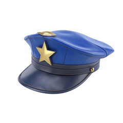  blue and black police hat with a gold star, front view on a white background.