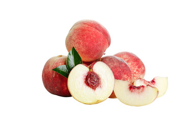 Fresh Red Peaches from Shandong China with Sliced Halves on White Background