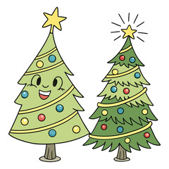 A vector illustration of a festive set of Christmas trees adorned with stars and ornaments